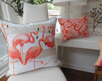 Custom Tropical Flamingo Pillow -Designer Pillow - Select Color Gray, Beige or Aqua Background - Coral Pink Flamingo - Large Flamingo Pillow