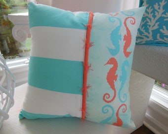 Seahorse Pillow - Stripe Beach Pillow - Designer Pillow - Reversible 15 x 15 Inch - Aqua Pillow Orange Pillow - Seahorses in Aqua & Coral