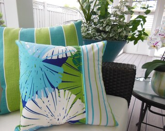 Palm Leaves Striped Linen Decorative Pillow - Turquoise, Lime Green (15 x 15 Inch)