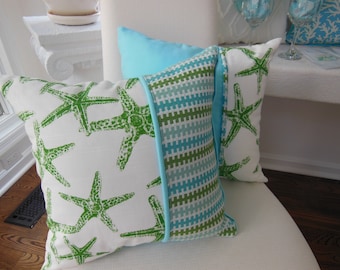 Green Starfish Aqua Reversible Pillow – Beach House Decor, 15 x 15 Inch