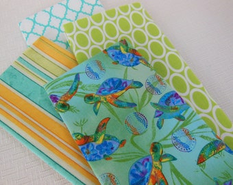 Assorted Cloth Napkins - Set of Four - Sea Turtle Napkin - Lime Circle Napkin - Yellow Turquoise Green Stripe Napkin - Turquoise Trellis
