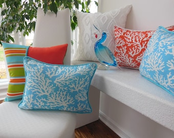 Aqua Coral Lumbar Pillow – Blue Fabric Trim, Beach House Decor (12 x 16)