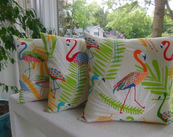 Outdoor Flamingo Pillow - Porch Pillow - Bright Beach Pillow - Orange Pillow - Green Pillow - Turquoise Pillow - Outdoor Pillow Bird Pillow