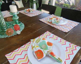 Set of 4 Reversible Chevron Placemats – Orange, Yellow, Mint Green Table Setting