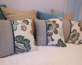 Floral Pillow - Ikat Pillow - Striped Pillow - Brown Pillow - Teal Pillow - Reversible Pillow 15 x 15 Inch Pillow - Green Pillow - 3 Fabrics