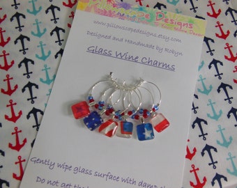 Patriotic Fourth July Wine Charms - Red White and Blue - Wine Jewelry  - Memorial Day - Set of Six - Glass Wine Charms - Pillowscape Designs