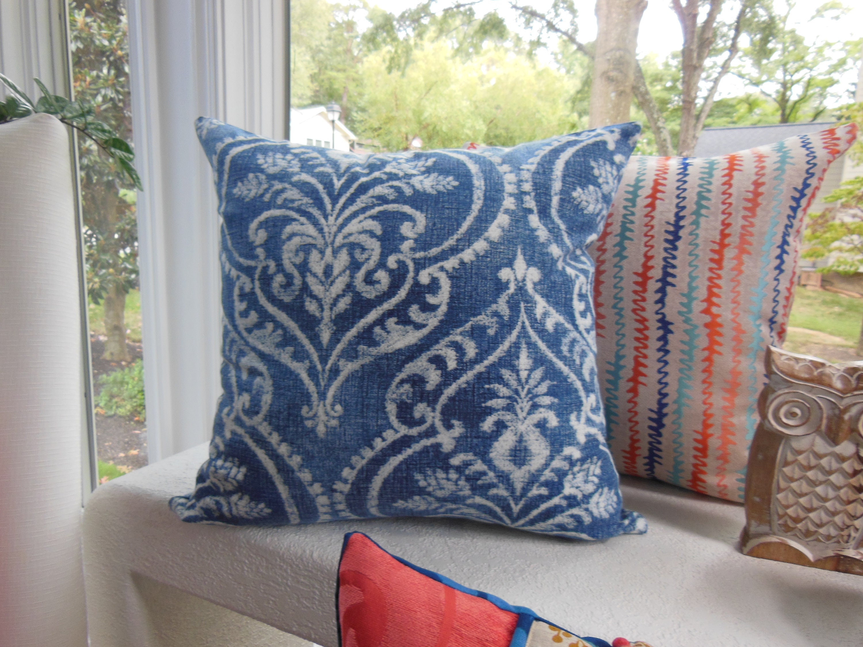 Large Navy Sofa Pillow Large Damask Pillow Navy Damask Etsy