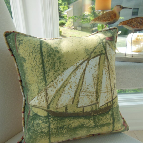 Autumn Decor -Beach Pillow - Ship Pillow - Boat Pillow - Green Pillow - Yellow Pillow - 15 x 15 inch Reversible - Four Sails Schooner Pillow