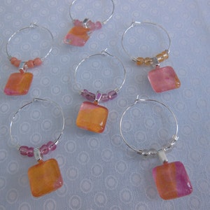 Peach Wine Charms - Set of Six - Glass Wine Charm - Wine Lover Gift - Favors - Hostess Gift - House Warming Gift - Entertaining - Party Time