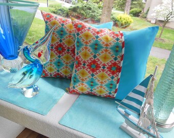 Ikat Aztec Outdoor Pillow – Turquoise, Orange, Yellow