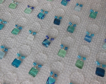 Ocean Blues Glass Wine Charms - Blues, Turquoise, Green - Set of Six - Wedding - Charms Made by Pillowscape Designs - Hostess Gift - Party