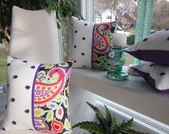 Bohemian Chic Pillow - Purple Pillow -  Paisley Pillow - Boho Pillow - Black Pillow - Polka Dot Pillow - Fuzzy Pillow - Gypsy Pillow