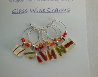 Orange Glass Charms - Yellow Glass Charms - Metallic Stemware Charms - Red Glass Wine Charms Made by Pillowscape Designs - Red Orange Yellow