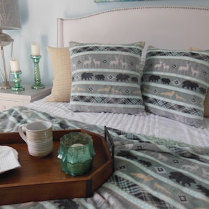 Reversible Fleece Winter Design Pillow - Fleece Deer Bear Fox Wolf Pattern  Aqua Chenille Pillow  Grey Beige Aqua Fleece Fabric Large Pillow