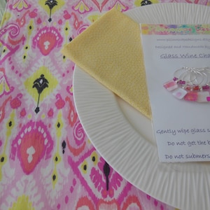 Reversible Ikat and Stripe Placemats - Boho Chic Placemats - Pink Stripe Placemats - Coral Placemats - Yellow Placemats - Spring Placemats