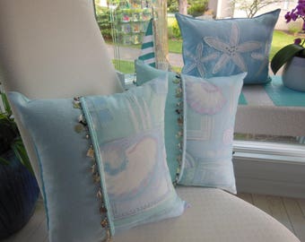 Reversible Beach Pillow - Iced Blue / Pale Aqua Seashell Pillow - Seashell and Bead Trim - Coastal Cottage - Summer Beach House Decor