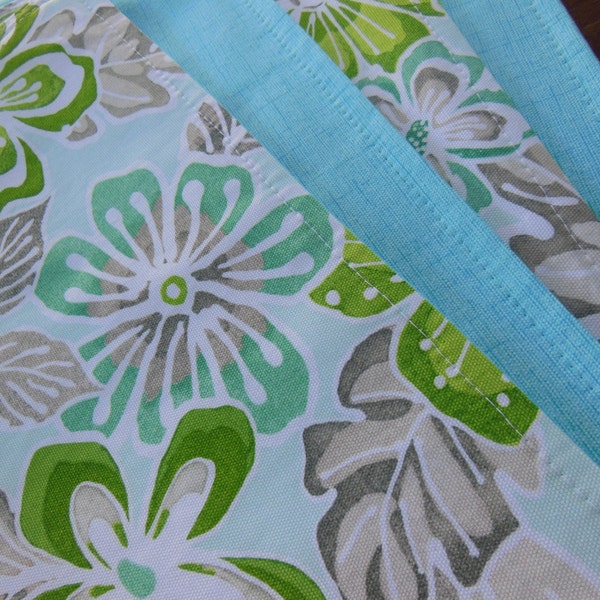 Beach Placemats - Tropical Flower Placemats - Set of Four - Reversible - Shades of Green and Aqua Blue - Perfect Summer Beach Placemats
