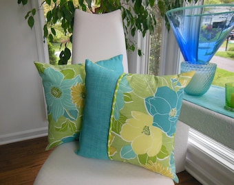 Outdoor Flower Pillow - Teal Aqua Pillow - Green Pillow - Ikat Spot Pillow - Patio Pillow - Summer Pillow - Porch Pillow - Outdoor Pillow