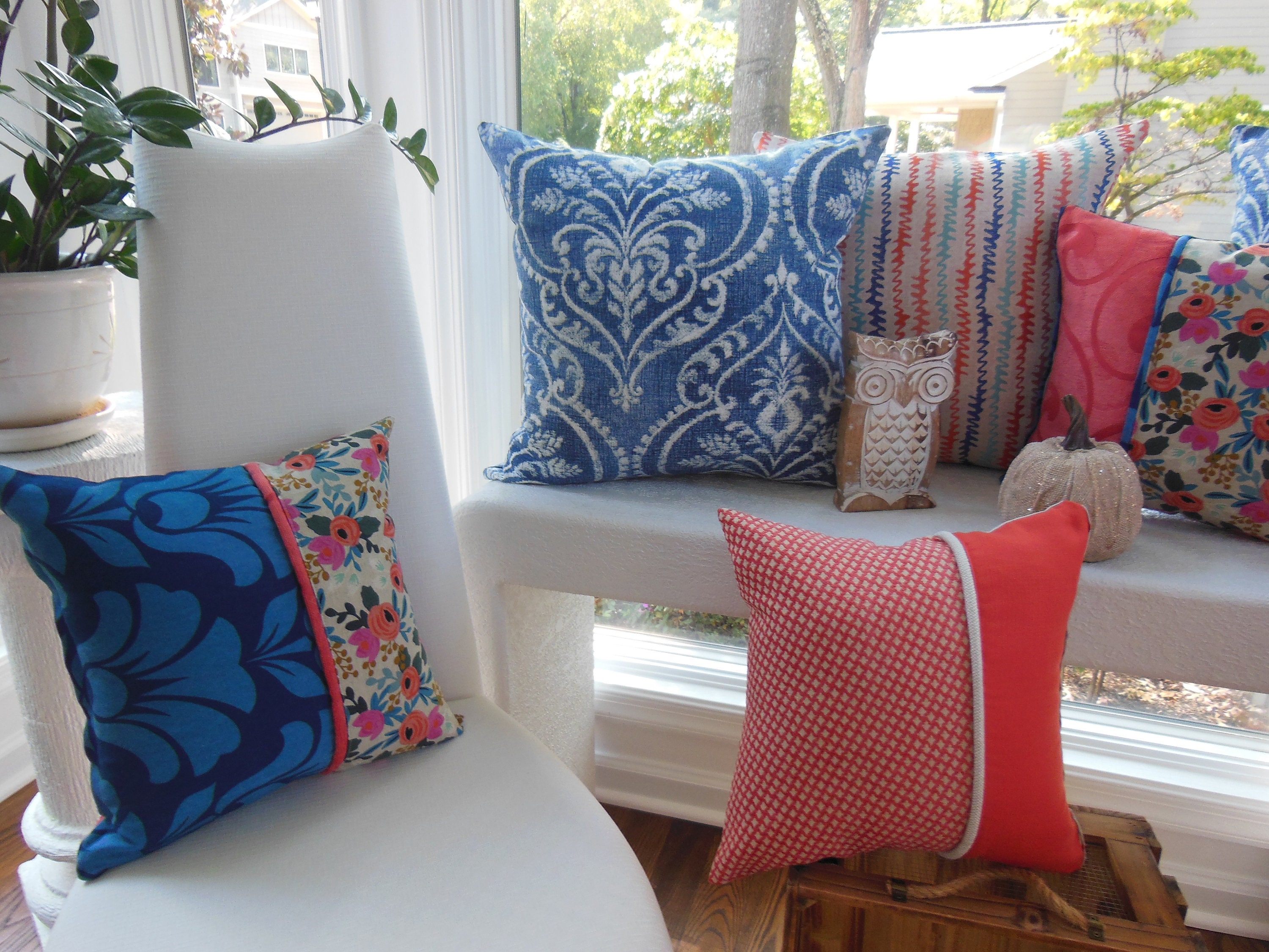 Large Navy Sofa Pillow Large Damask Pillow Navy Damask Etsy