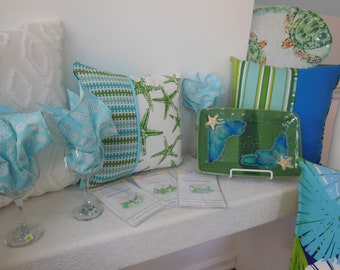 Aqua Pillow - Green Starfish Designer Pillow - Reversible Pillow - 15 x 15 Inch - Starfish and Stripes - Beach Decor - Three Fabric Pillow
