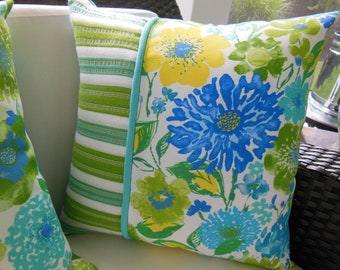 Reversible Outdoor Pillow - Flower Pillow -Stripe Porch Pillow - Aqua Pillow - Green Pillow - Pillow 3 Coordinating Fabrics - Patio Pillow