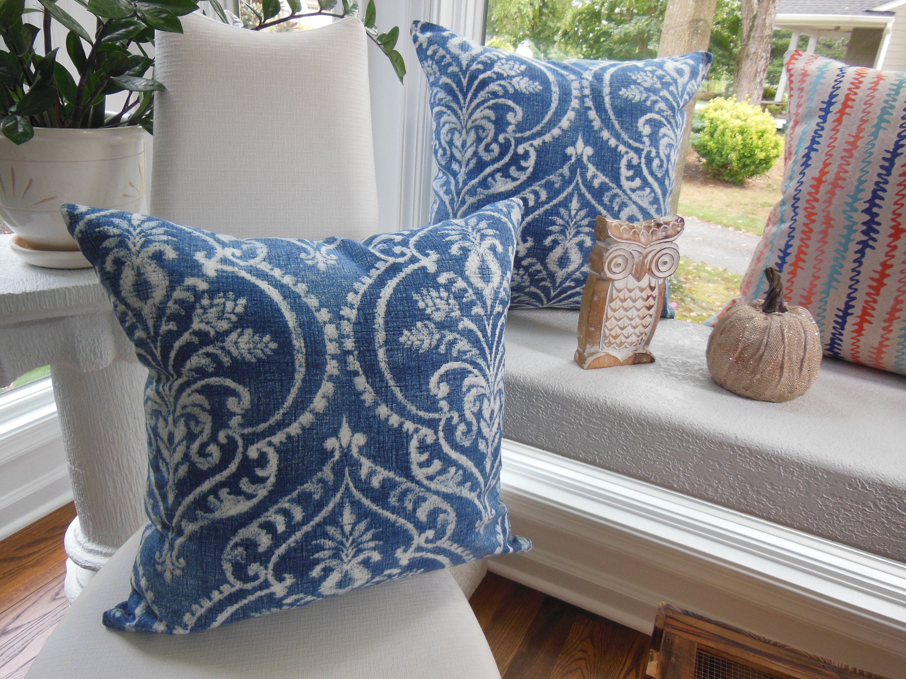 Large Navy Sofa Pillow Large Damask Pillow Navy Damask Etsy