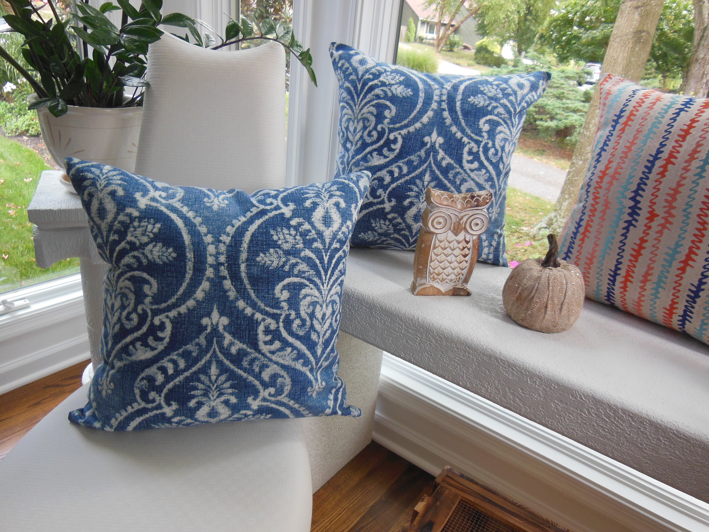 Large Navy Sofa Pillow Large Damask Pillow Navy Damask Etsy