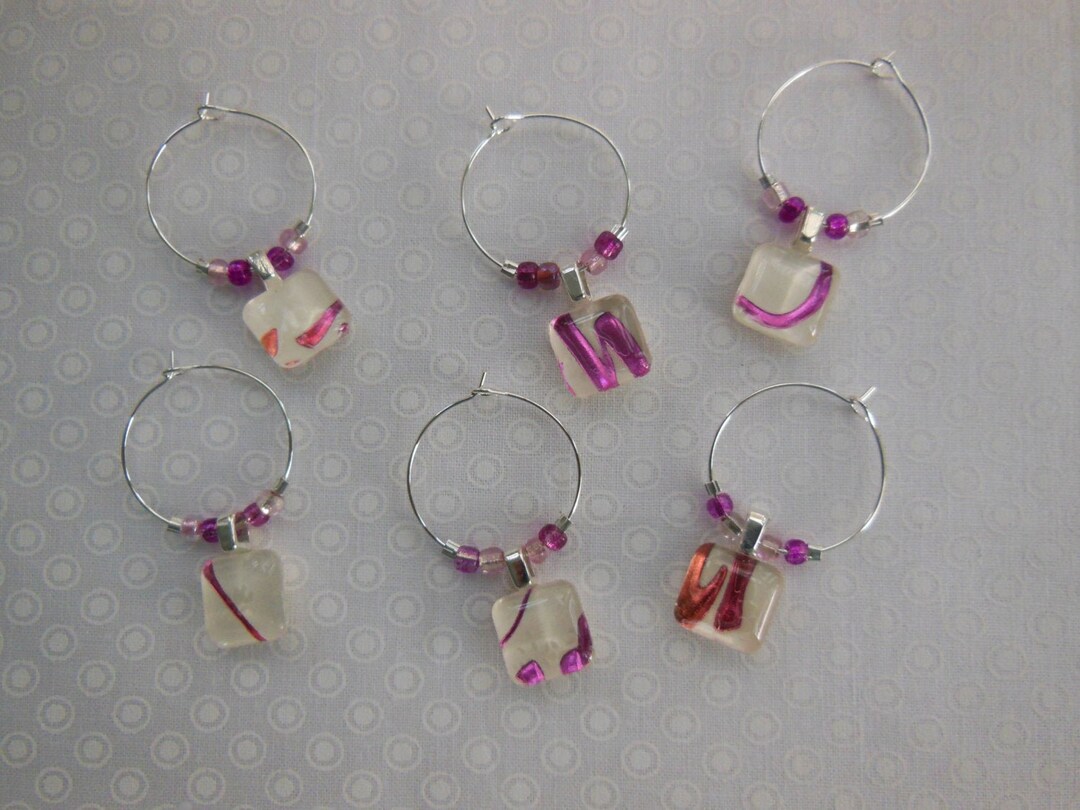 Six Purple Glass Charms -orchid Foil Wine Charms - Wine Charm Jewelry ...