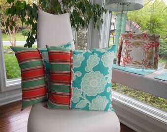 Reversible Outdoor Flower Pillow - Coral Turquoise Pillow  Aqua Flower Pillow - Patio Pillow - Stripe Pillow - Porch Pillow - Outdoor Pillow