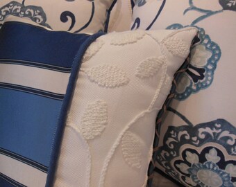 Reversible Indigo Stripe Satin Pillow – Textured Ivory Leaf, Diamond Design