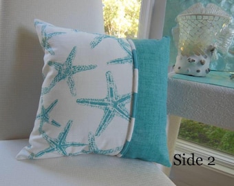Coastal Starfish Pillow – Blue & White, Reversible Accent Pillow (15x15 Inch)