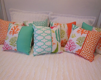 Reversible Coral Pillow - Patina Green or Orange Sea Life Design