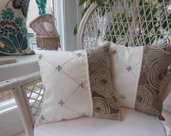 Ivory Designer Pillow - Beige Swirls Design Pillow - Three Coordinating Fabrics - Reversible 15 x 15 Inch Classy, Contemporary Pillow Design