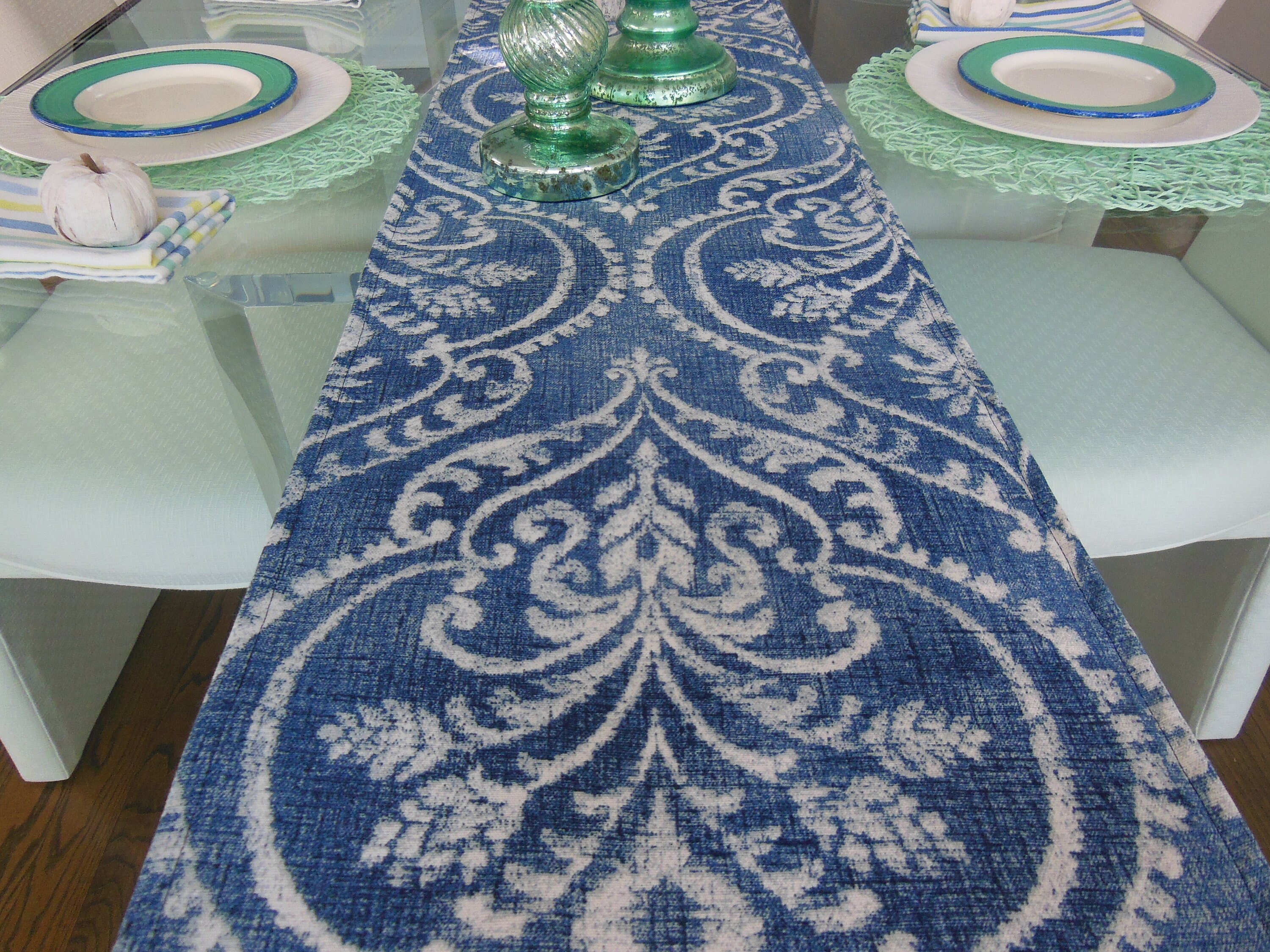 Navy Damask Reversible Table Runner Blue Ikat Table Runner Etsy