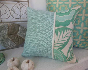 Reversible Geometric Pillow - Mint Flower Pillow - Patina Green Pillow - Patina Green Trellis Pillow - Mint Green Pillow - 3 Fabric Pillow