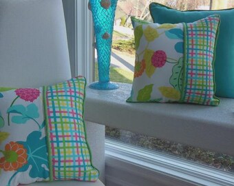 Tropical Flower Pillow – Reversible Checked Burlap Accent Pillow