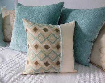 Geometric Reversible Pillow - Beige, Brown, Aqua – 15x15 Accent Pillow
