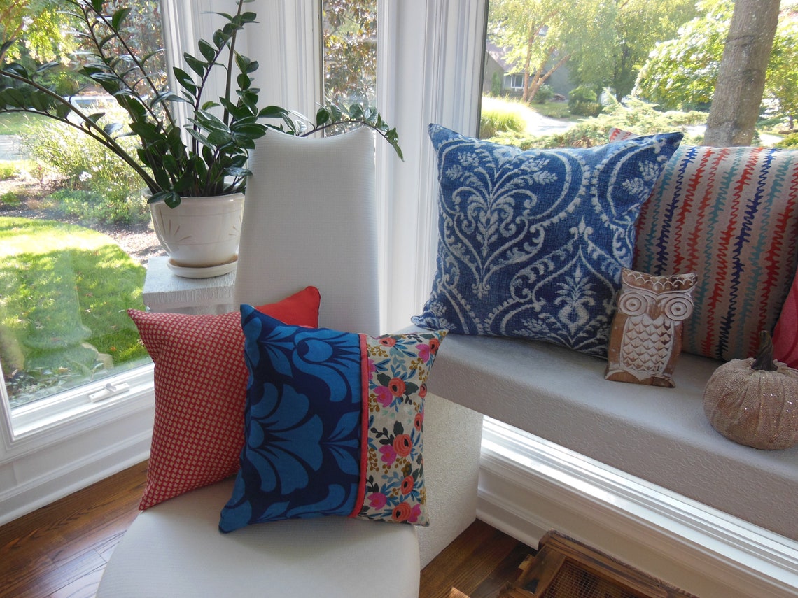 Large Navy Sofa Pillow Large Damask Pillow Navy Damask Etsy