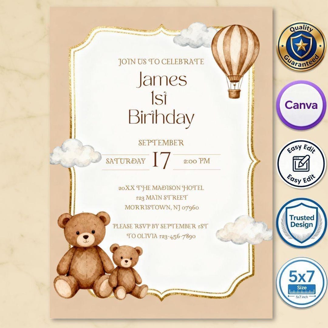Teddy Bear Birthday Invitation for Kids, Watercolor Theme, Template ...