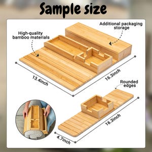 May include: A bamboo desk organizer with rounded edges. It features multiple compartments and additional packaging storage. The organizer is 16.3 inches long and 13.4 inches wide, made from high-quality bamboo materials.