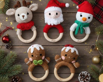 Hochets pour bébé personnalisés, Hochets au crochet, Hochets en wapiti sculpté, Hochets père Noël, Hochets de Noël au crochet, Cadeaux nouveau-né, Jouets pour bébé, Hochet fait main