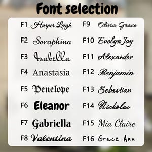 May include: A white background displays a "Font selection" guide with 16 font styles. Each font is labeled with a number and a name, including "Harper Leigh," "Eleanor," and "Mia Claire." The text is in black.