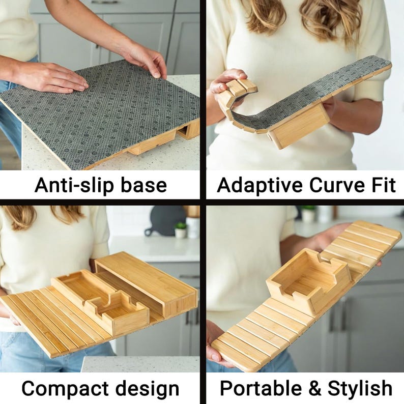 May include: A bamboo kitchen cutting board with an anti-slip base, adaptive curve fit, compact design, and a portable and stylish appearance. The cutting board has a natural wood finish and includes the text "Anti-slip base", "Adaptive Curve Fit", "Compact design", and "Portable & Stylish".