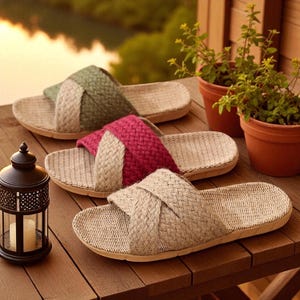 Woven Linen Slippers, Boho House Shoes with Natural Flax, Breathable Japanese Style Indoor Slides, Eco Friendly Minimalist Gift for Her