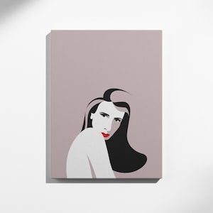 May include: A canvas print featuring a minimalist illustration of a woman. The artwork depicts a woman with black hair, red lipstick, and a pale complexion. The background is a muted mauve color, and the overall style is modern and artistic.