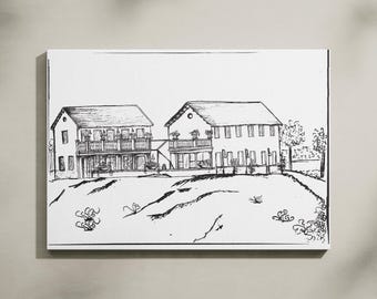 May include: Black and white ink drawing of two houses with balconies, set on a hillside. The artwork features detailed linework, depicting architectural elements, landscaping, and decorative flourishes. The style is reminiscent of a sketch.