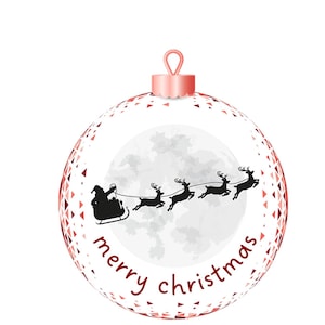 Könnte beinhalten: Ein Christbaumschmuck mit einem rosa Oberteil und einem transparenten, facettierten Körper. Im Inneren befindet sich eine schwarze Silhouette des Weihnachtsmanns in einem von Rentieren gezogenen Schlitten vor einem grauen Mond. Die Worte "merry christmas" sind rot geschrieben. Der Text "PNG-PDF" steht darunter.