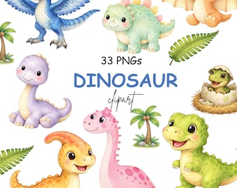 May include: A collection of watercolor dinosaur clipart in various colors, including blue, green, pink, and yellow. The image includes the text "33 PNGs DINOSAUR clipart". The dinosaurs are depicted in a cute, cartoon style.