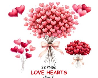 May include: A watercolour illustration featuring pink and red heart-shaped balloons and bouquets. The image includes a large bouquet tied with a pink ribbon, smaller bunches, and the text "22 PNGs LOVE HEARTS clipart."