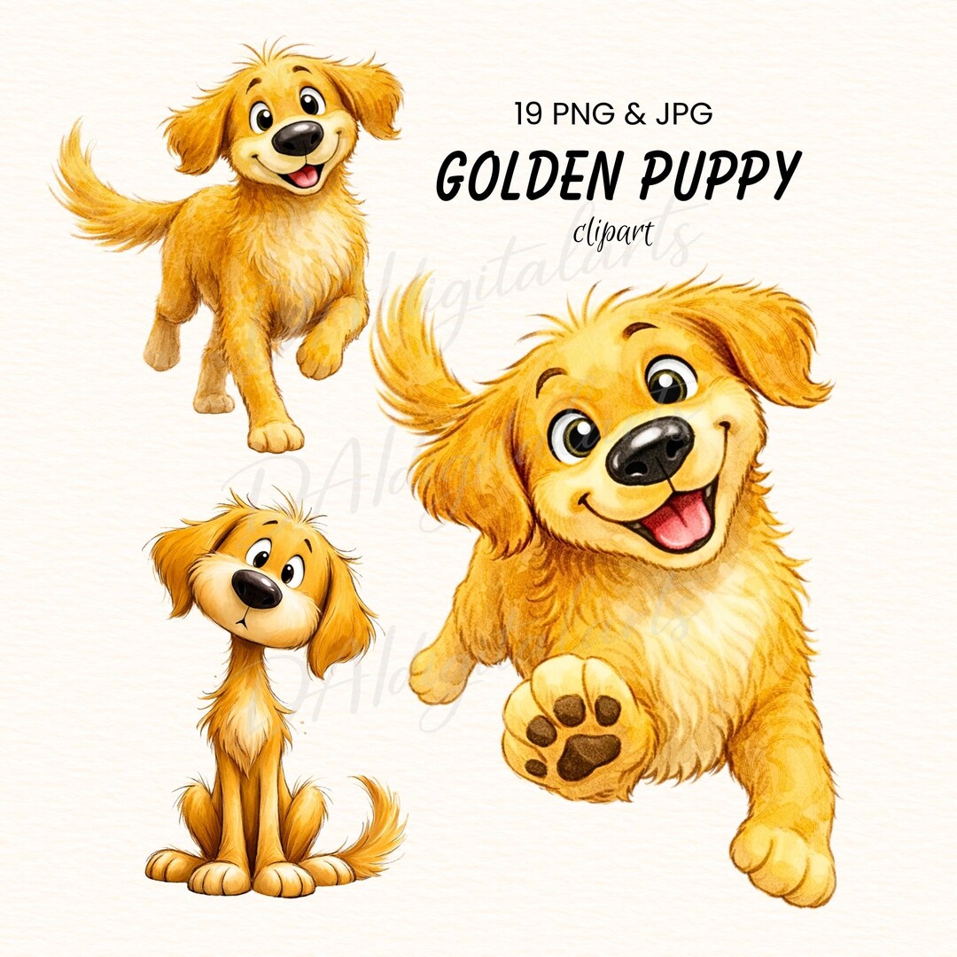 Golden Retriever Puppy Clipart, Cute Dog PNG Bundle, Playful Cartoon ...